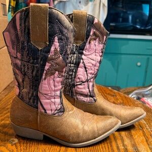 Rodeo Roper Brown Pink Camouflage Western Boots, Youth Sz 4